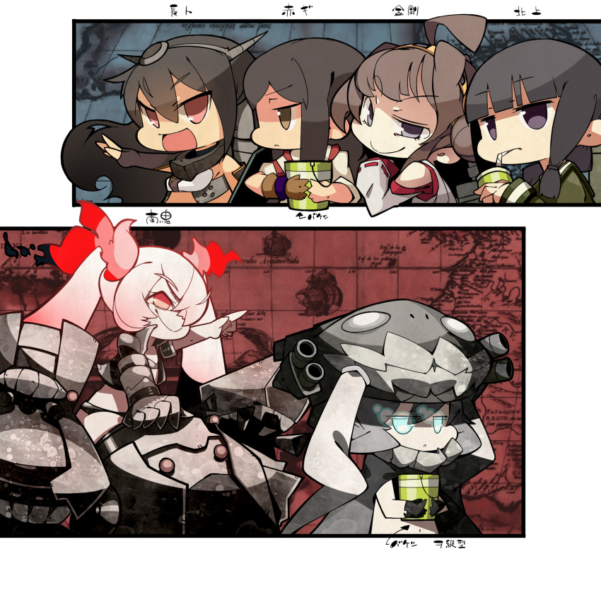6+girls ahoge akagi_(kantai_collection) bangs blunt_bangs brown_hair chibi detached_sleeves highres japanese_clothes kantai_collection kitakami_(kantai_collection) kongou_(kantai_collection) long_hair multiple_girls nagato_(kantai_collection) nontraditional_miko pantyhose personification smile southern_ocean_war_hime translated wo-class_aircraft_carrier