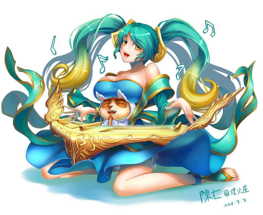 1girl bare_shoulders blonde_hair breast_rest breasts brown_eyes chanseven dated feet gradient_hair green_hair harp highres huge_breasts instrument league_of_legends long_hair looking_at_viewer multicolored_hair musical_note shadow signature sitting smile sona_buvelle teemo toes very_long_hair wariza