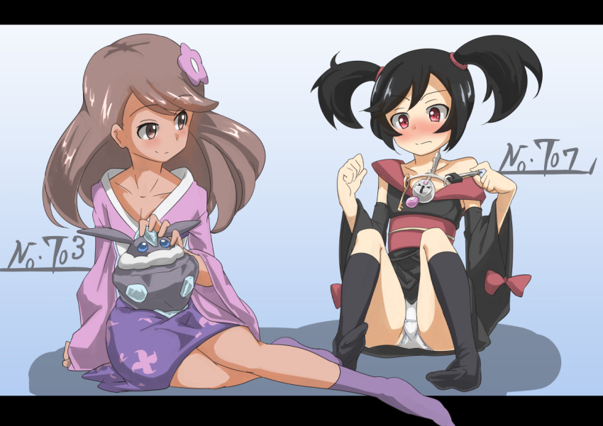 2girls black_hair black_legwear blush brown_eyes brown_hair flower furisode furisode_girl_(pokemon) gradient gradient_background hair_flower hair_ornament japanese_clothes kimono klefki letterboxed long_hair looking_at_another multiple_girls panties pokemon pokemon_(game) pokemon_xy red_eyes sitting smile socks twintails underwear white_panties yuuichi_(reductionblack)