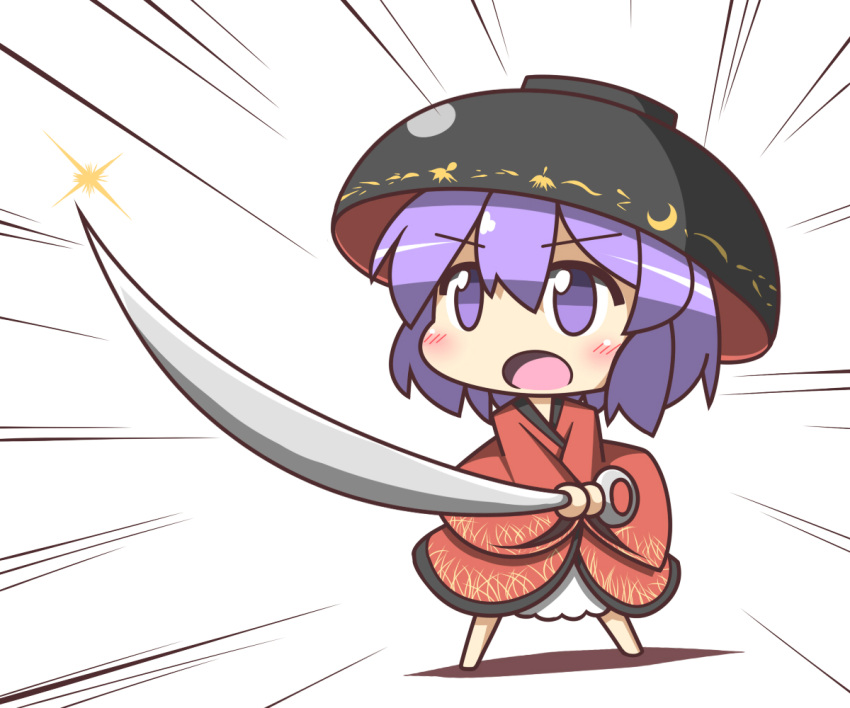 1girl blush bowl feiton fighting_stance glint hat japanese_clothes kimono long_sleeves needle open_mouth purple_hair shinmyoumaru_sukuna solo touhou violet_eyes wide_sleeves