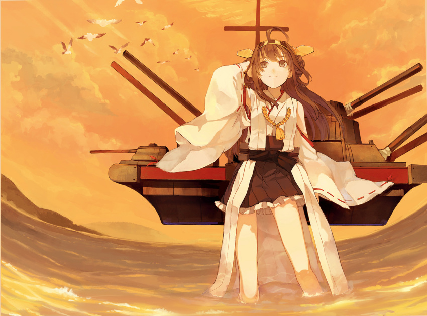 1girl bird brown_eyes brown_hair cannon cosmic_(crownclowncosmic) flying hair_ornament hand_in_hair japanese_clothes kantai_collection kongou_(kantai_collection) long_hair long_sleeves ocean personification red_sky sash shirt skirt sky smile soaking_feet solo wide_sleeves