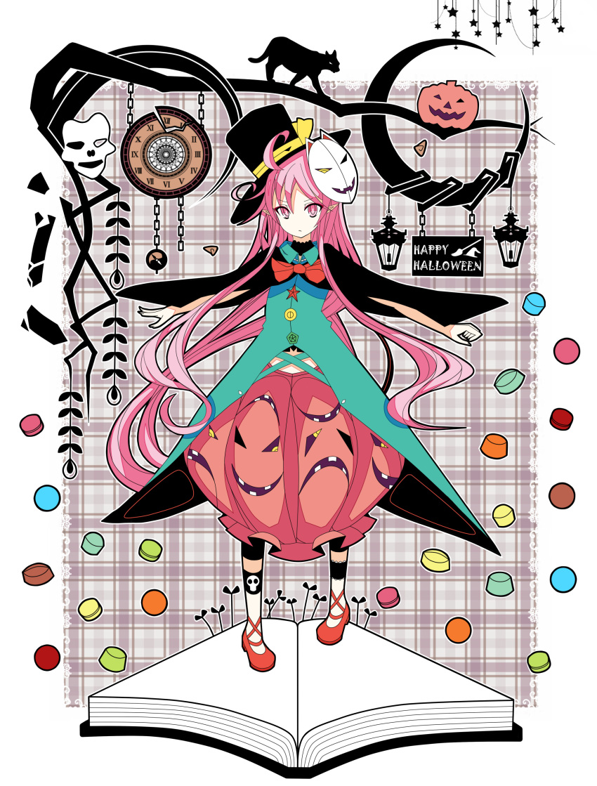 1girl absurdres akiposo2580 bow candy cape cat expressionless face_mask fox_mask halloween happy_halloween hat hata_no_kokoro highres jack-o'-lantern long_hair looking_at_viewer mask pink_eyes pink_hair shirt skirt skull solo top_hat touhou very_long_hair