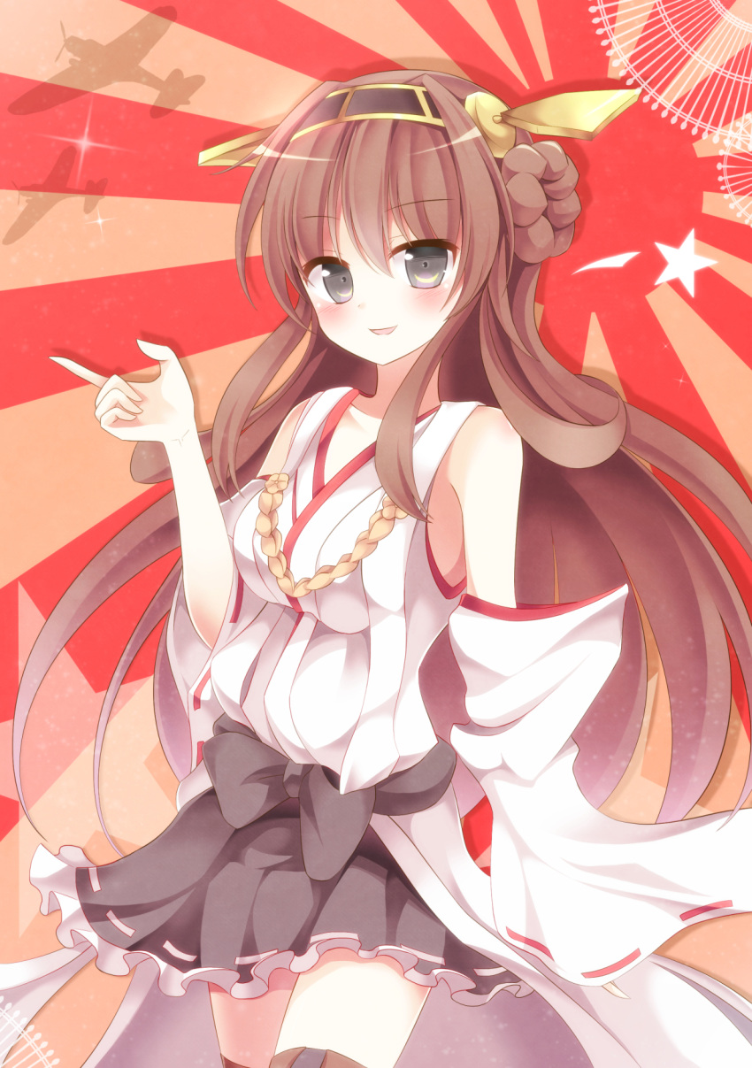 1girl bare_shoulders blush boots brown_hair detached_sleeves double_bun hair_ornament hairband headgear highres japanese_clothes kantai_collection kongou_(kantai_collection) long_hair looking_at_viewer open_mouth pen-zin personification rising_sun skirt smile solo thigh_boots thighhighs wide_sleeves zettai_ryouiki