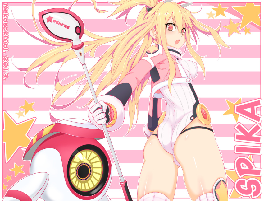 1girl ass blonde_hair breasts cropped_jacket earrings from_behind gloves golf_club hair_ornament jacket jewelry leotard long_hair looking_at_viewer looking_back nekosaki open_mouth pangya robot skin_tight solo spika_(pangya) thighhighs white_legwear yellow_eyes