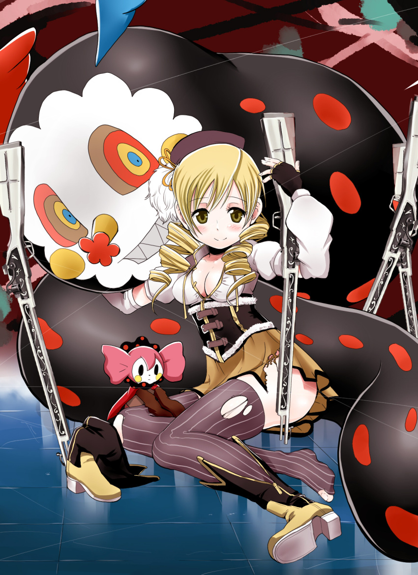 1girl beret blonde_hair boots breasts charlotte_(madoka_magica) cleavage corset creature drill_hair fingerless_gloves gloves gun hat highres knee_boots magical_musket mahou_shoujo_madoka_magica monster multicolored_eyes rainys_bill sharp_teeth short_hair sitting skirt smile striped striped_legwear thighhighs tomoe_mami torn_clothes torn_thighhighs twin_drills twintails vertical-striped_legwear vertical_stripes weapon yellow_eyes