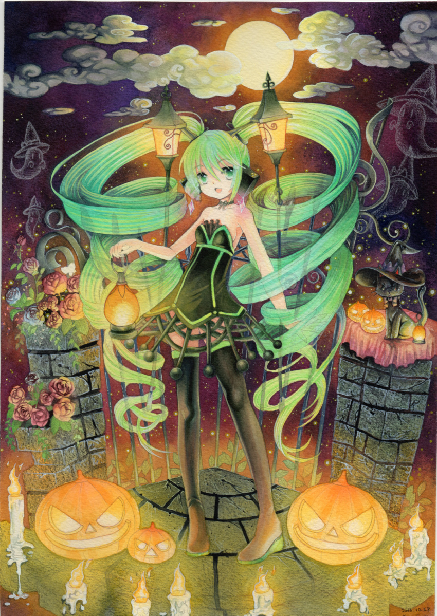 1girl boots cat choker clouds flower full_moon ghost green_eyes green_hair hat hatsune_miku headphones highres jack-o'-lantern lamp_miku lantern long_hair moon mosho night open_mouth skirt solo thigh_boots thighhighs twintails very_long_hair vocaloid witch_hat