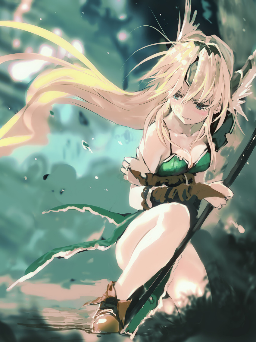 1girl bare_legs blonde_hair blush bob_(biyonbiyon) breasts bridal_gauntlets cleavage green_eyes highres long_hair polearm riesz seiken_densetsu seiken_densetsu_3 solo torn_clothes very_long_hair weapon