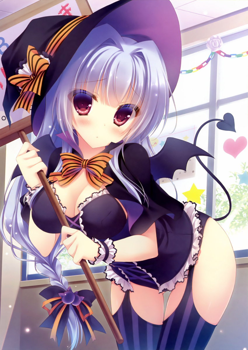 1girl absurdres bent_over blue_hair blush braid breasts capelet cleavage costume demon_tail demon_wings dengeki_moeou frills halloween hat highres long_hair original scan solo striped striped_legwear tail thighhighs vertical-striped_legwear vertical_stripes very_long_hair violet_eyes wings witch_hat wrist_cuffs yukie_(peach_candy)