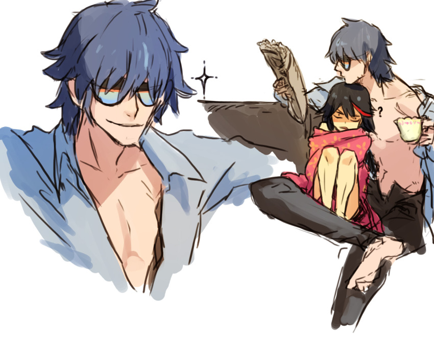 1boy 1girl ? aviator_glasses black_hair blanket blue_hair cup kill_la_kill leeis_cool matoi_ryuuko mikisugi_aikurou newspaper open_clothes open_shirt sunglasses teacup