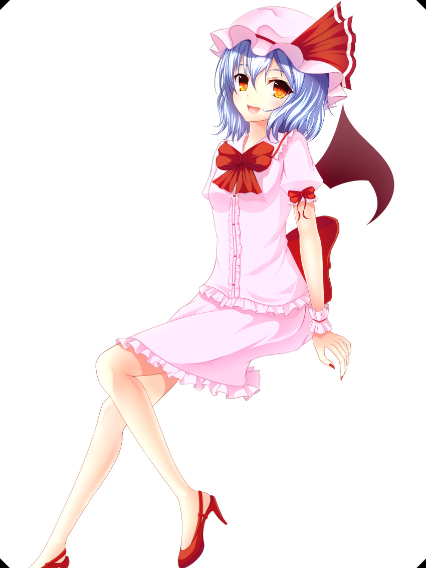 :d arms_at_sides ascot bat_wings blouse blue_hair bow collared_shirt dress fang fingernails frame frilled_dress frilled_shirt frilled_skirt frills gradient_eyes hair_between_eyes hat hat_bow high_heels highres junior27016 large_bow looking_at_viewer mob_cap multicolored_eyes no_socks open_mouth orange_eyes puffy_sleeves remilia_scarlet ribbon short_sleeves sitting skirt skirt_set smile touhou wings wristband