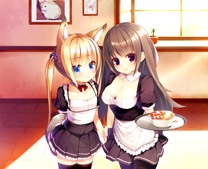 2girls animal_ears apron blonde_hair blue_eyes blush breasts brown_hair choker cleavage flat_chest food fox_ears holding_hands large_breasts maid multiple_girls nekomu original pantyhose plant ribbon smile thighhighs tray twintails violet_eyes window