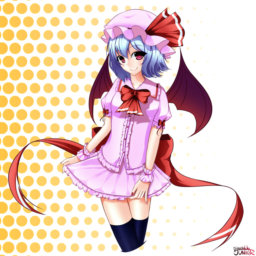 1girl adapted_costume arms_at_sides artist_name ascot bat_wings black_legwear blouse bow collared_shirt dress fingernails frilled_dress frilled_shirt frilled_skirt frills hair_between_eyes hat hat_bow highres junior27016 looking_at_viewer mob_cap puffy_sleeves remilia_scarlet ribbon short_sleeves skirt skirt_hold skirt_set smile solo thighhighs touhou wings wristband zettai_ryouiki