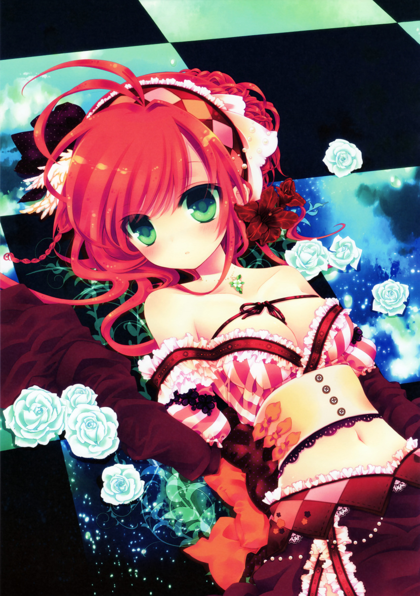 1girl :o absurdres bare_shoulders blush braid breasts checkered checkered_floor cleavage collarbone flower frills green_eyes hair_flower hair_ornament headdress highres jewelry konno_kengo long_hair looking_at_viewer lying navel necklace on_back open_mouth original redhead solo