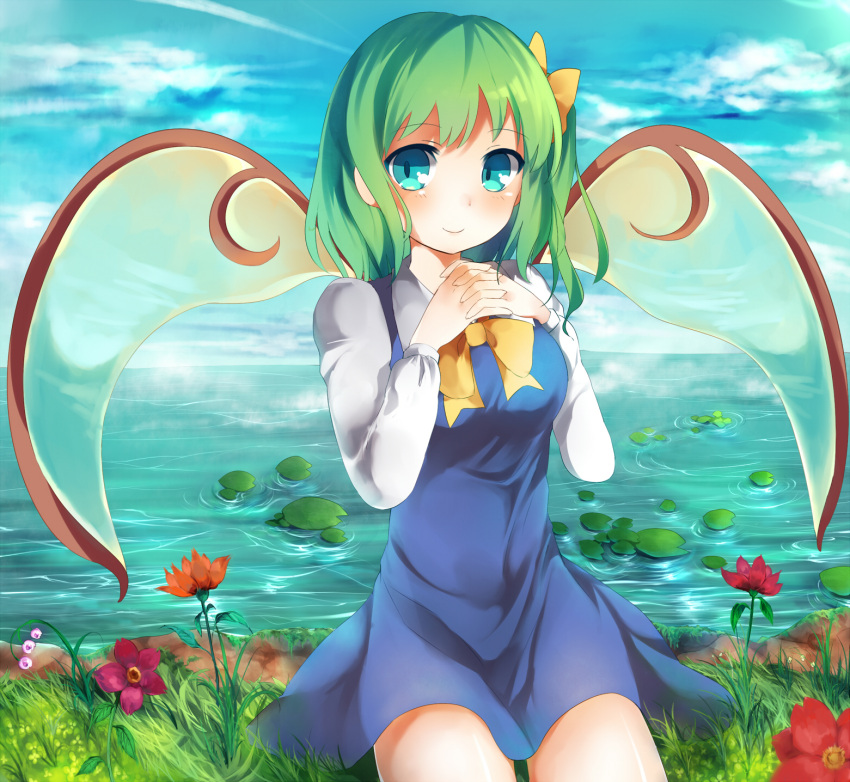 1girl aqua_eyes blue_dress blue_sky bow clouds daiyousei dress fairy_wings flower grass green_hair hachimitsu_ame_(phoenix) hair_bow hands_on_own_chest highres lake long_sleeves looking_at_viewer shirt side_ponytail sitting sky smile solo touhou water wings
