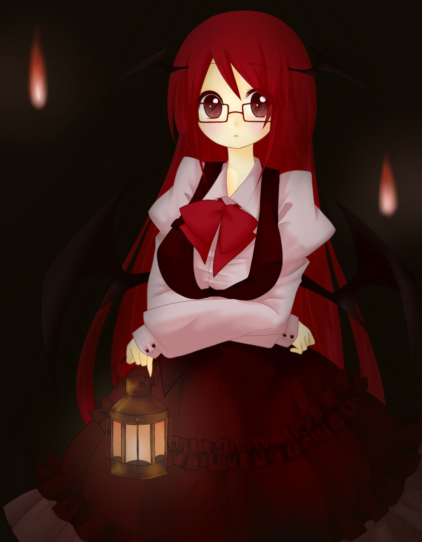 1girl :&lt; ascot bat_wings bespectacled blush breasts buttons colored_eyelashes cross crossed_arms dark dress_shirt eyelashes frills glasses head_wings highres hiro_shiina juliet_sleeves koakuma lantern large_breasts long_hair long_sleeves looking_at_viewer low_wings puffy_sleeves red-framed_glasses red_eyes redhead shirt skirt skirt_set solo symbol-shaped_pupils touhou very_long_hair vest white_shirt wings