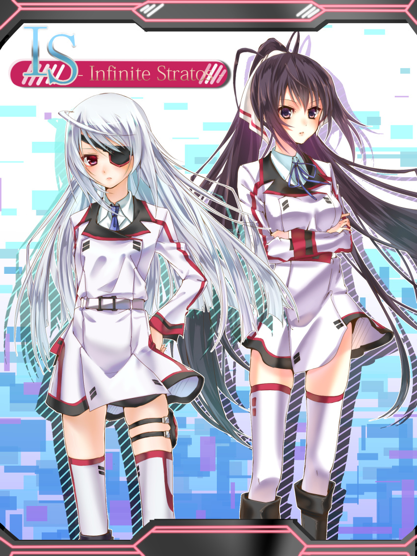 2girls absurdres alternate_costume black_hair blue_eyes eyepatch highres infinite_stratos laura_bodewig long_hair moffuu multiple_girls ponytail red_eyes school_uniform shinonono_houki silver_hair thighhighs uniform