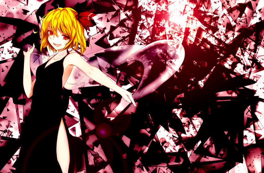 1girl alternate_costume armpits backless_outfit bare_arms bare_shoulders black_dress blonde_hair collarbone dress hagoromo hair_ribbon highres lens_flare looking_at_viewer open_mouth otsunabe outstretched_arm red_eyes ribbon rumia shards shattered shawl short_hair slit_pupils solo touhou