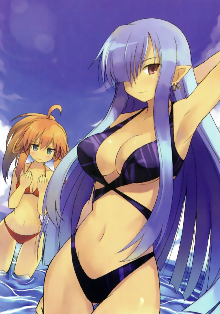 ahoge althea arm_up armpits bare_shoulders bikini black_bikini blue_eyes blue_hair blue_sky breast_envy breasts brown_hair cleavage earrings fatima hair_over_one_eye hands_on_own_chest highres jewelry large_breasts light_smile long_hair luminous_arc_2 navel pointy_ears ponytail resizing_artifacts scan shibano_kaito sky swimsuit thigh_gap very_long_hair violet_eyes wading