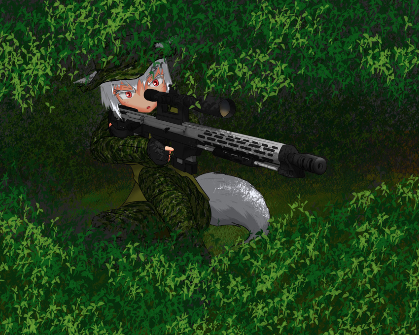 1girl alternate_costume alternate_weapon animal_ears bush camouflage colored_eyelashes dsr-1 fingerless_gloves gloves grass gun hat inubashiri_momiji knee_up leaf looking_at_viewer mikichosu open_mouth red_eyes rifle scope sitting sniper sniper_rifle solo tail touhou trigger_discipline weapon white_hair wolf_ears wolf_tail