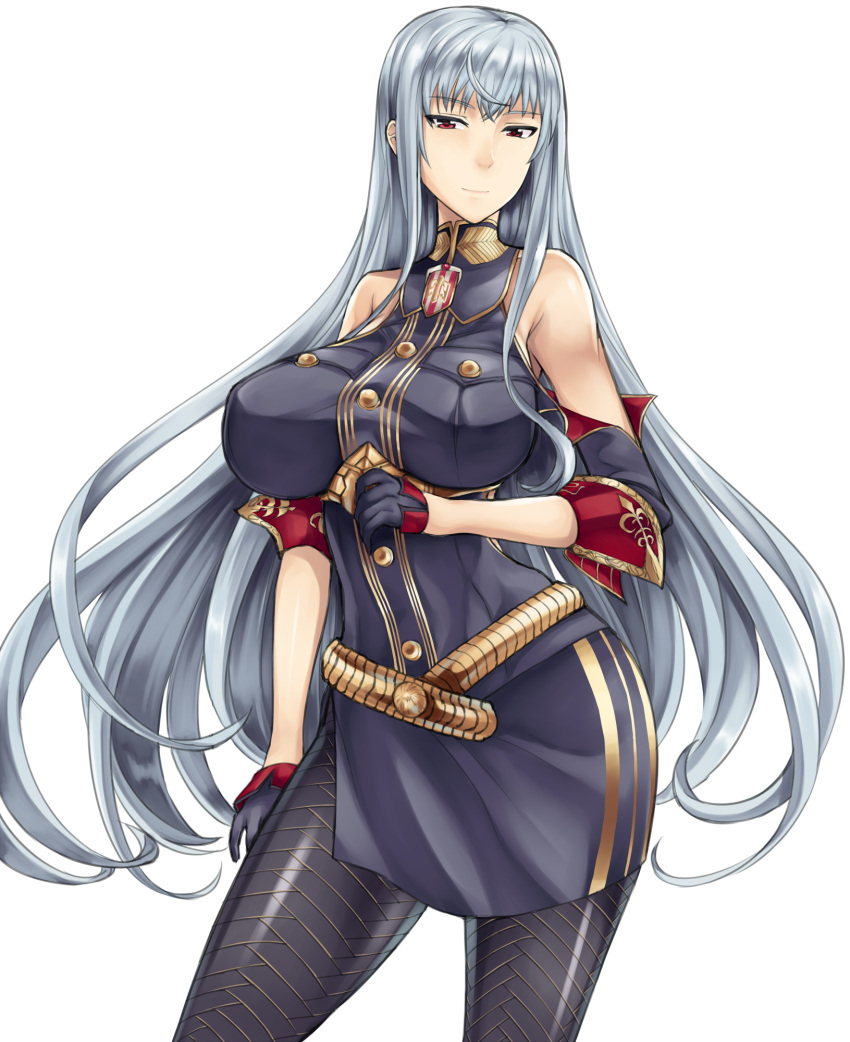 1girl bare_shoulders breasts gloves hai_ookami highres huge_breasts light_smile long_hair looking_at_viewer red_eyes selvaria_bles senjou_no_valkyria senjou_no_valkyria_1 simple_background solo thighs very_long_hair white_background
