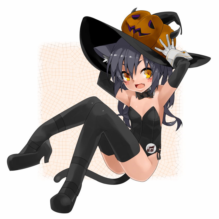 1girl animal_ears bare_shoulders black_hair black_legwear blush cat_ears cat_tail elbow_gloves flat_chest gloves hat high_heels highres jack-o'-lantern kochiya_(gothope) long_hair looking_at_viewer open_mouth original solo tail thighhighs witch_hat wrist_cuffs yellow_eyes