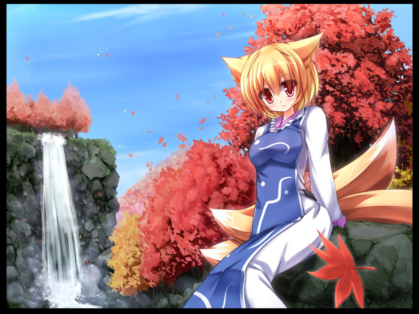 1girl animal_ears autumn_leaves blonde_hair blue_sky dress forest fox_ears fox_tail frame highres liya long_sleeves looking_at_viewer multiple_tails nature no_hat red_eyes sitting_on_rock sky solo tabard tail touhou water waterfall white_dress yakumo_ran