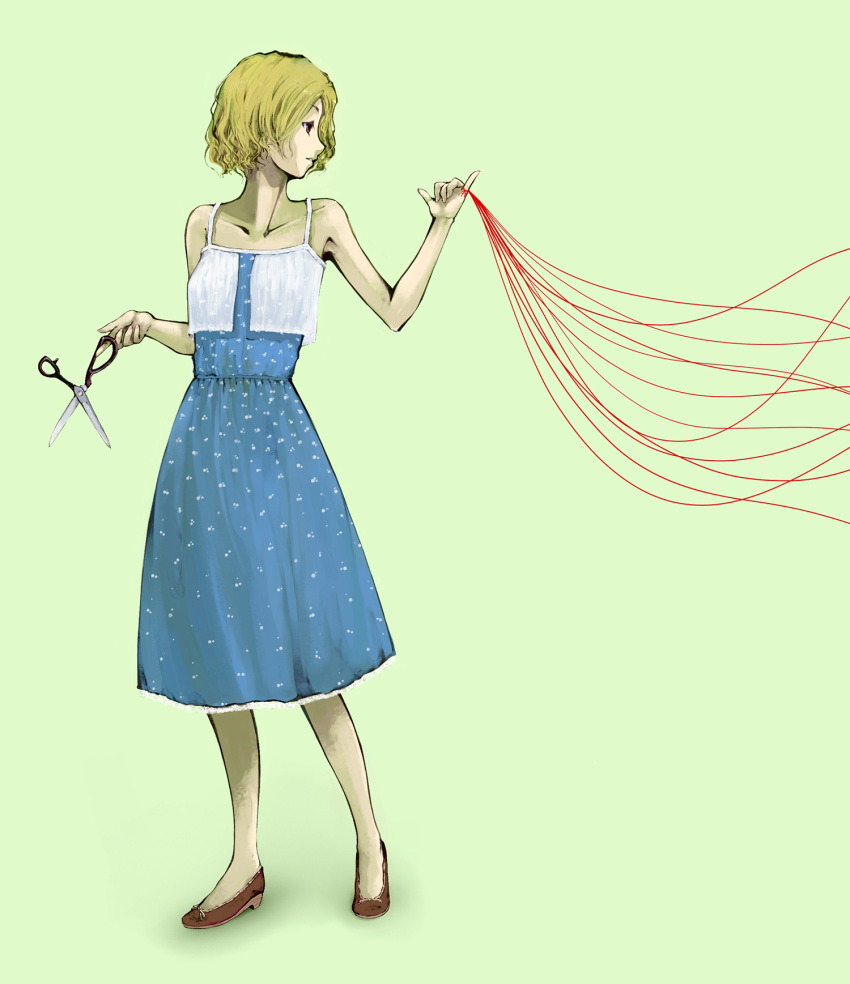 1girl bare_shoulders blonde_hair collarbone copyright_request dress full_body highres looking_away parted_lips profile red_string scissors short_hair solo standing string travo