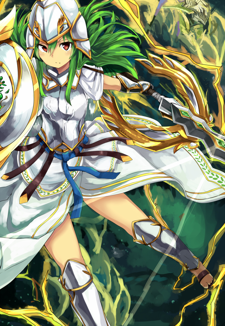 1girl athena_(p&amp;d) gauntlets greaves green_hair haik helmet highres left-handed looking_at_viewer puzzle_&amp;_dragons red_eyes shield solo sword weapon