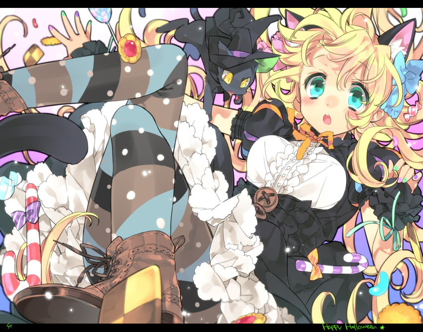 1girl :o animal_ears aqua_eyes blonde_hair blurry blush boots bow buttons candy candy_cane cape cat cat_ears cat_tail checkerboard_cookie cookie cross-laced_footwear curly_hair depth_of_field dress floating food frills hair_bow hat highres jelly_bean lace-up_boots long_hair looking_at_viewer nail_polish original polka_dot polka_dot_legwear puffy_short_sleeves puffy_sleeves ribbon short_sleeves striped striped_legwear surprised sweets tail thumbprint_cookie toujou_sakana witch witch_hat wrist_cuffs yellow_eyes