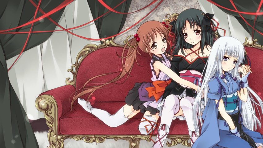 3girls :d between_legs black_hair blue_eyes blue_hair blush bow breasts cleavage couch curtains garter_straps hair_bobbles hair_ornament hand_between_legs hime_cut holding_hands hug irori_(kikou_shoujo_wa_kizutsukanai) japanese_clothes kikou_shoujo_wa_kizutsukanai kimono komurasaki long_hair multiple_girls nora-toro obi open_mouth orange_hair red_eyes ribbon short_kimono short_yukata sitting smile thighhighs twintails very_long_hair white_legwear yaya_(kikou_shoujo_wa_kizutsukanai) yellow_eyes