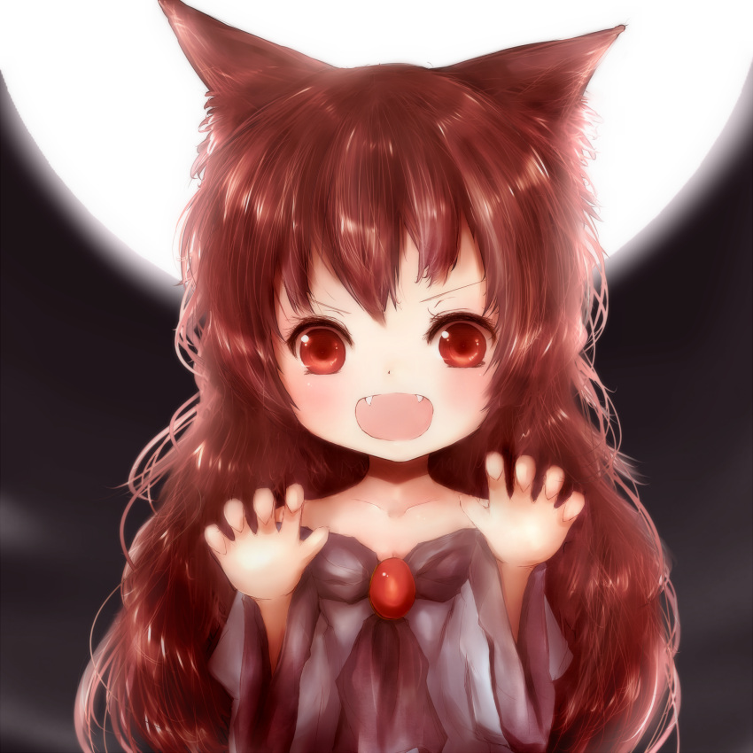 &gt;:d 1girl :d amanojaku animal_ears blush brown_hair collarbone dress fangs full_moon hands_up highres imaizumi_kagerou long_hair messy_hair moon open_mouth red_eyes rough smile solo touhou wolf_ears