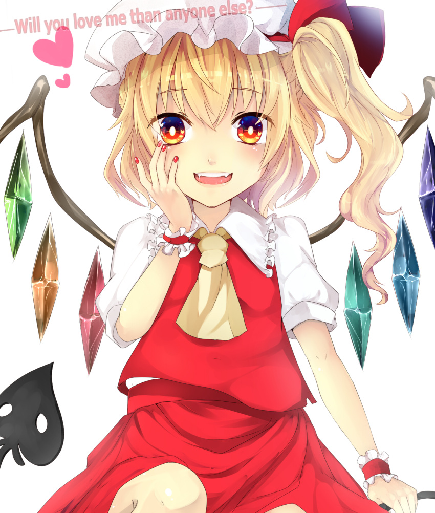 1girl ascot blonde_hair blush crystal fangs flandre_scarlet hand_on_own_face hat hat_ribbon heart highres laevatein looking_at_viewer mob_cap nail nail_polish open_mouth ponytail puffy_sleeves red_eyes renkarua ribbon shirt short_hair short_sleeves side_ponytail simple_background sitting skirt skirt_set smile solo text touhou vest white_background white_shirt wings wrist_cuffs