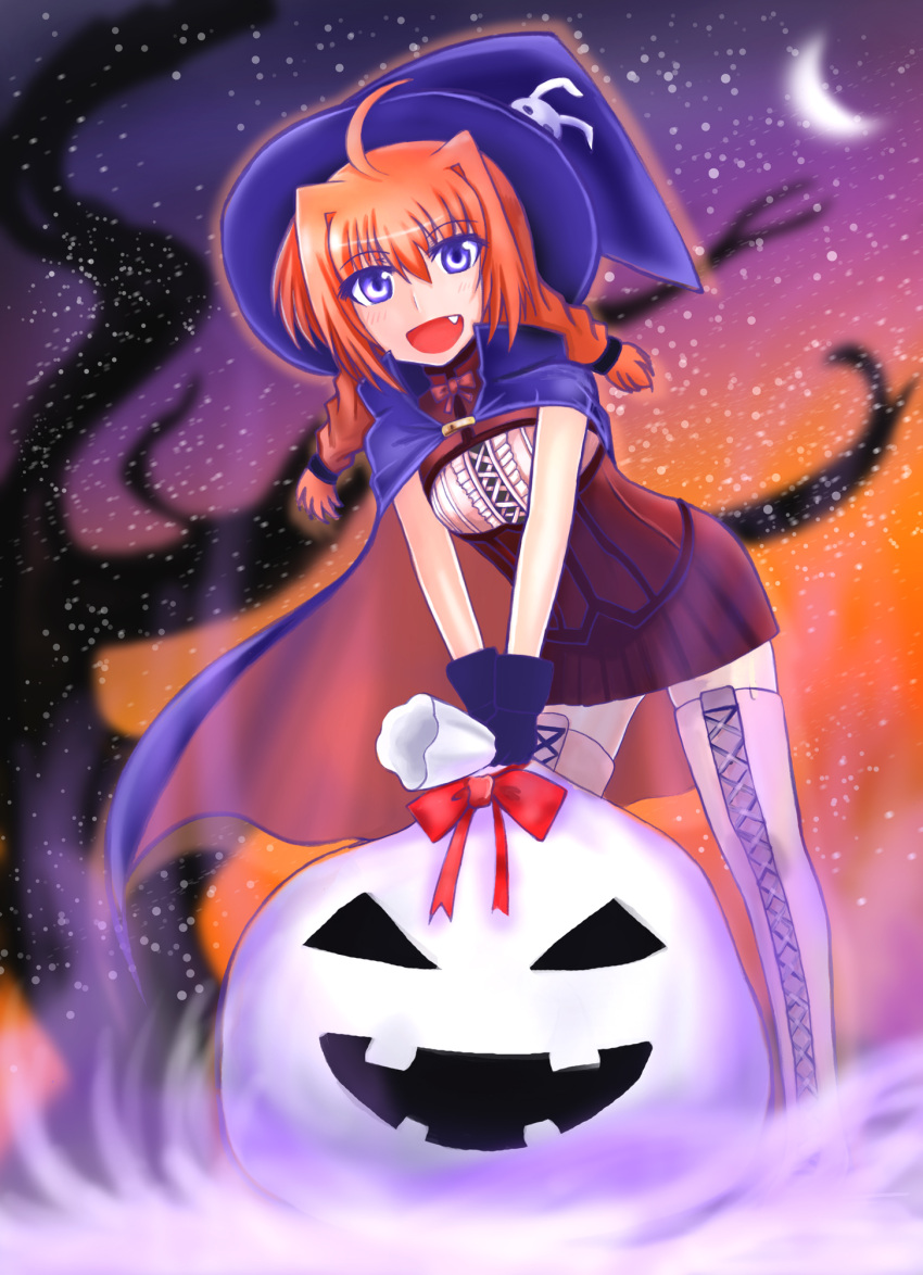 1girl :d ahoge blush boots bow braid cape costume crescent_moon fang gloves halloween hat highres k_(trans-am-raiser-burst) long_hair lyrical_nanoha mahou_shoujo_lyrical_nanoha mahou_shoujo_lyrical_nanoha_a's moon open_mouth redhead sack smile snowing solo thigh_boots thighhighs tree twin_braids violet_eyes vita witch witch_hat