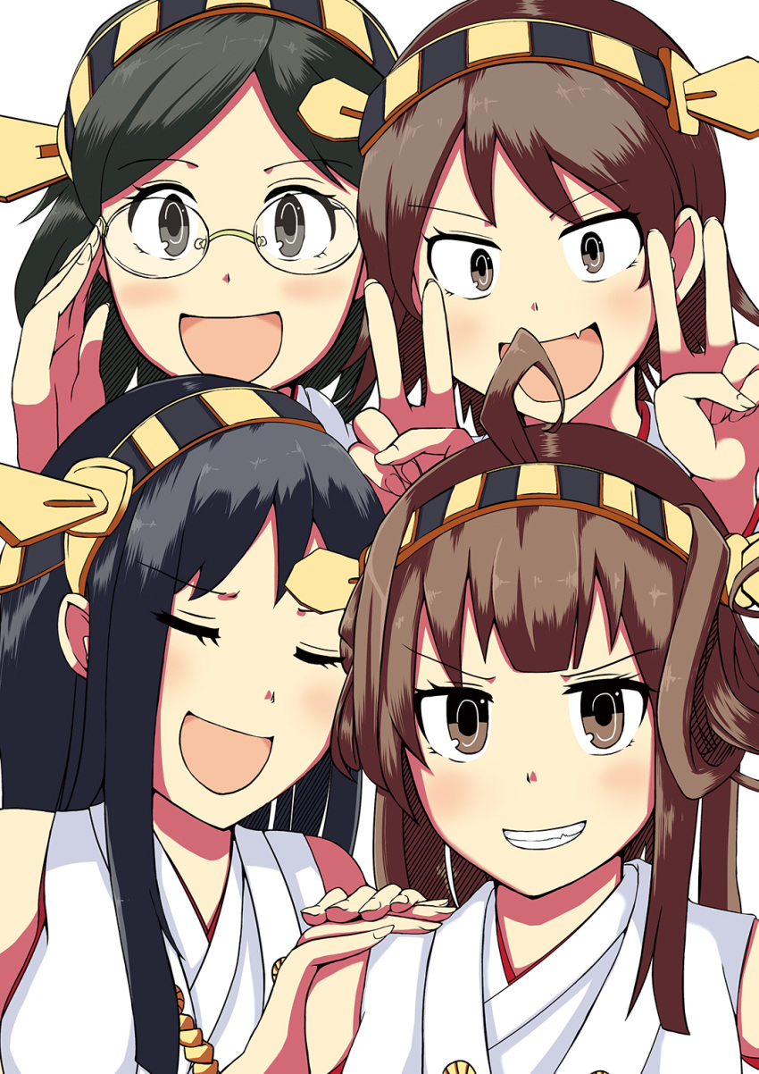 4girls adjusting_glasses bare_shoulders blue_eyes blush breasts brown_eyes brown_hair detached_sleeves double_bun double_v glasses hair_ornament hairband haruna_(kantai_collection) headgear hiei_(kantai_collection) highres japanese_clothes kantai_collection kirishima_(kantai_collection) kongou_(kantai_collection) koyaki_(nariyan555) long_hair multiple_girls nontraditional_miko open_mouth personification short_hair skirt smile v