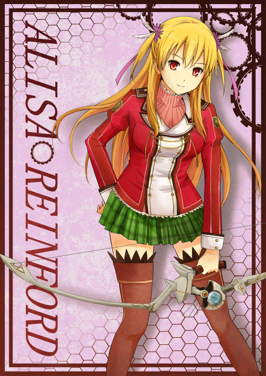 1girl absurdres alisa_leinfort blonde_hair boots bow_(weapon) brown_legwear character_name dress eiyuu_densetsu falcom green_dress highres juliet_sleeves long_hair long_sleeves plaid plaid_skirt puffy_sleeves red_eyes sen_no_kiseki skirt smile solo thigh_boots thighhighs tora_(k0000472973) uniform weapon