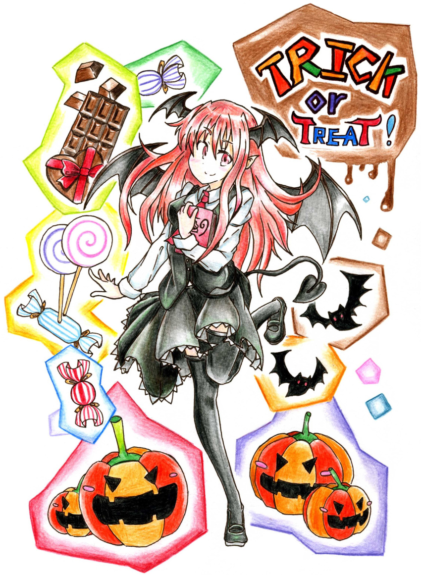 &gt;:) 1girl absurdres armband bat bat_wings black_legwear blush blush_stickers book bow box breasts buttons candy chocolate_bar colored_pencil_(medium) colorful demon_tail dress_shirt dripping english frills gift gift_box goku_(acoloredpencil) halloween head_tilt head_wings heart highres holding holding_book jack-o'-lantern koakuma loafers lollipop long_hair long_sleeves looking_at_viewer necktie payot pointy_ears red_eyes red_ribbon redhead ribbon shirt shoes skirt skirt_set smile solo standing_on_one_leg tail thighhighs touhou traditional_media trick_or_treat vest white_background white_shirt wings zettai_ryouiki