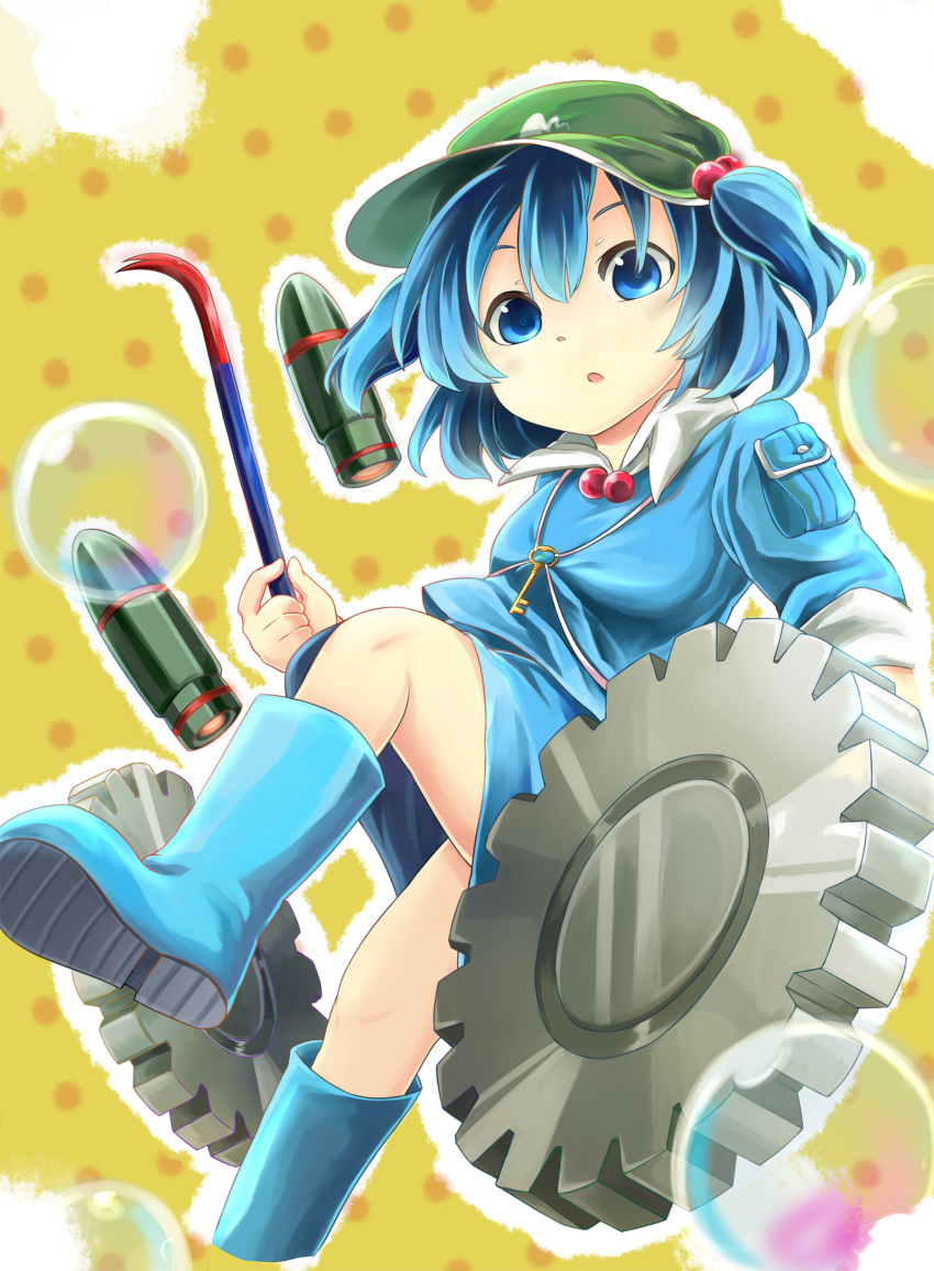 1girl absurdres backpack bag blue_eyes blue_hair blush boots bubble gears hair_bobbles hair_ornament halligan_bar hat highres kawashiro_nitori key missile open_mouth short_hair skirt smile solo touhou twintails