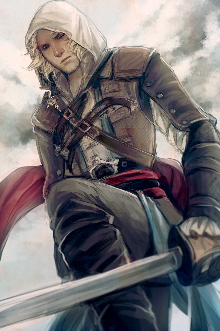assassin's_creed_iv:_black_flag blonde_hair edward_kenway highres hood long_hair sash sword weapon