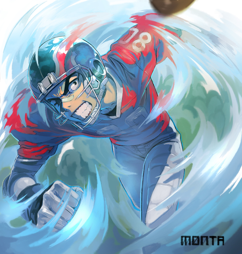 1boy bandage_on_face bandage_on_nose blurry character_name clenched_teeth eyeshield_21 football football_(object) football_helmet football_uniform helmet highres ladic raimon_tarou running see-through speed_lines teeth wince