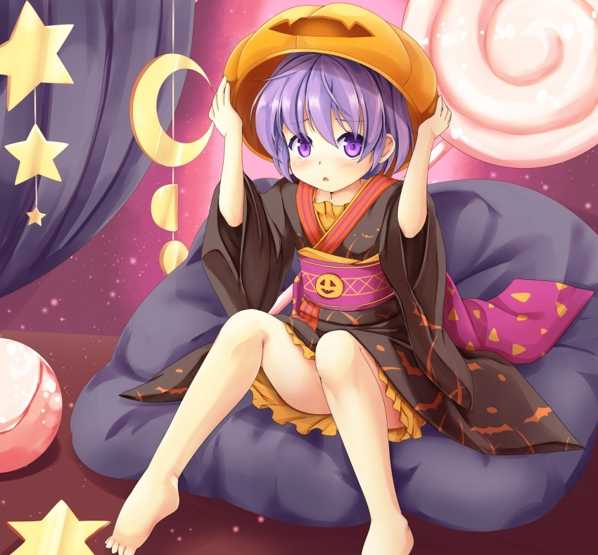 1girl alternate_headwear bare_legs barefoot blush candy crescent halloween hands_on_hat highres japanese_clothes kimono lollipop minigirl mobile niiya open_mouth pillow pumpkin pumpkin_hat purple_hair short_hair sitting solo star sukuna_shinmyoumaru touhou violet_eyes wide_sleeves