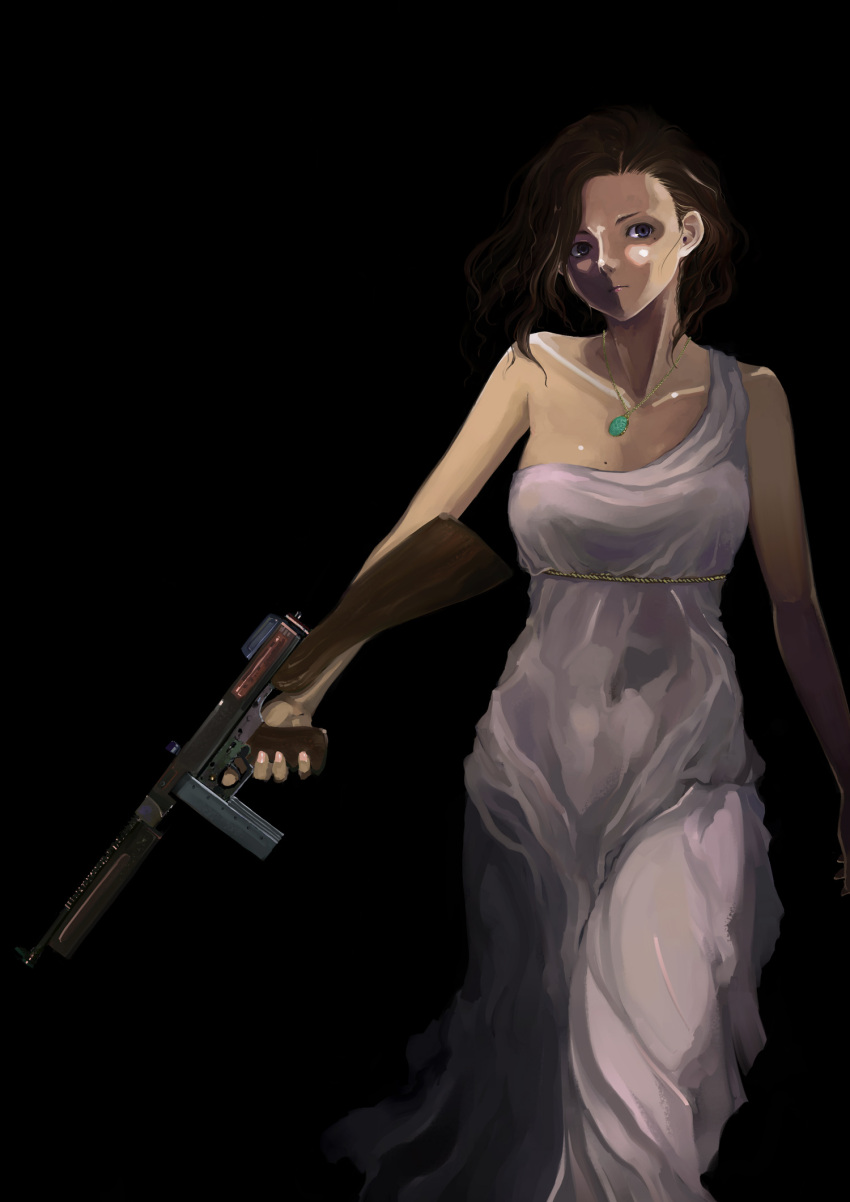 1girl bare_shoulders black_background blue_eyes brown_hair collarbone copyright_request dress gun highres lipstick long_hair looking_away makeup mole solo travo weapon