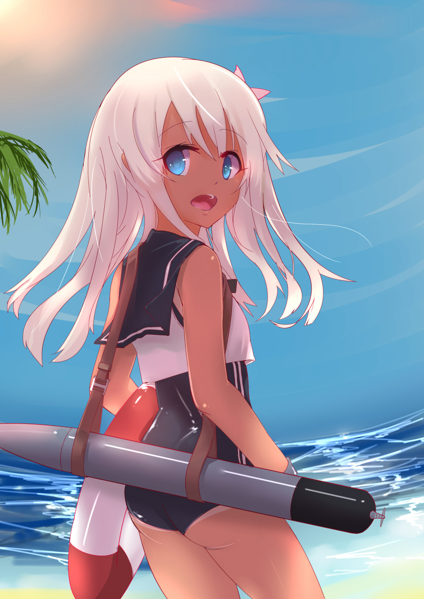 1girl absurdres ass beach blonde_hair blue_eyes crop_top flower hair_flower hair_ornament highres kantai_collection lifebuoy long_hair looking_back open_mouth ro-500_(kantai_collection) sailor_collar school_swimsuit school_uniform serafuku solo swimsuit swimsuit_under_clothes tan tanline torpedo water