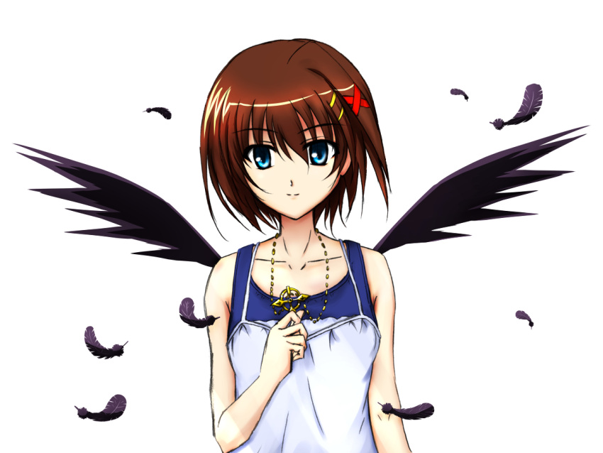 1girl black_wings blue_eyes brown_hair dress feathers hair_ornament jewelry lyrical_nanoha mahou_shoujo_lyrical_nanoha mahou_shoujo_lyrical_nanoha_a's necklace rin-illustration schwertkreuz short_hair smile solo wings yagami_hayate