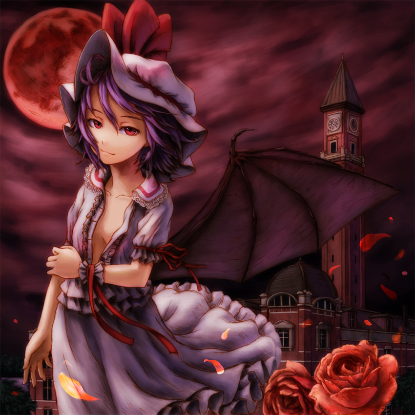 bat_wings clock clock_tower collarbone face flat_chest flower full_moon hands hat kurione_(pixiv) kurione_(zassou) light_smile looking_at_viewer moon no_bra open_clothes open_shirt purple_hair red_eyes red_moon red_rose remilia_scarlet rose shirt short_hair smile touhou tower wind wings