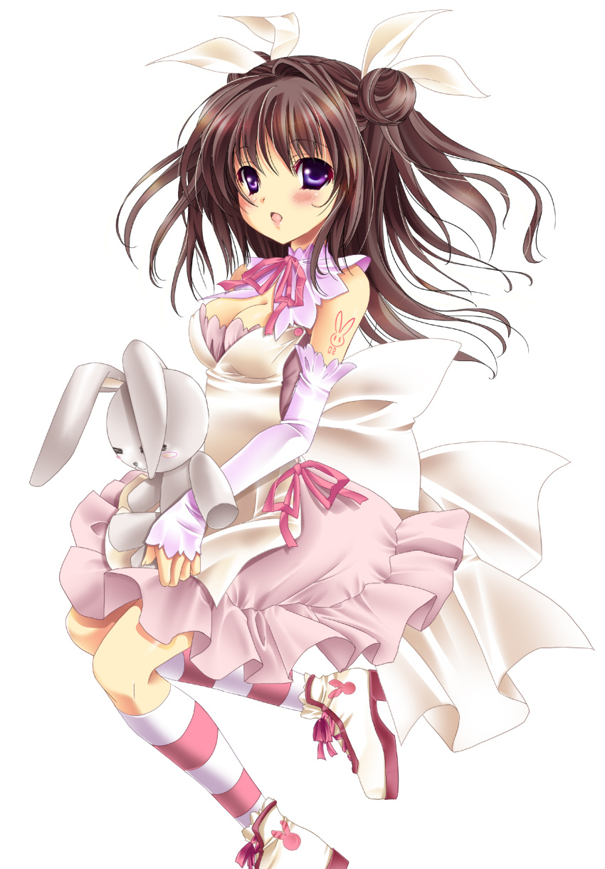 blush breasts brown_hair bunny cleavage colored dress hair_ribbon highres long_hair original purple_eyes rabbit ribbon socks solo striped striped_socks stuffed_animal stuffed_toy twintails violet_eyes