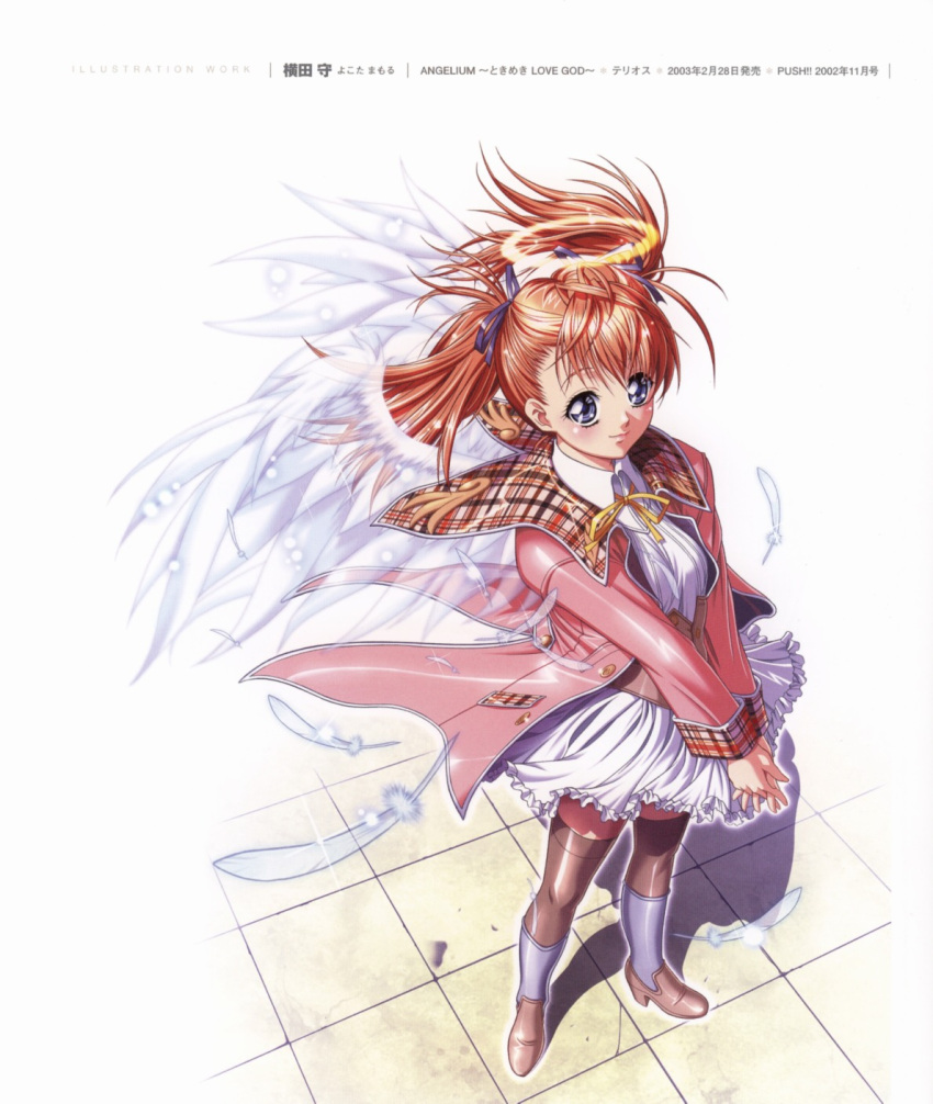 angel angelium blue_eyes feathers hair_ribbon halo hands_clasped high_heels highres jacket orange_hair plaid ribbon scan shoes smile solo tartan thigh-highs thighhighs twintails wind wings yokota_mamoru zettai_ryouiki