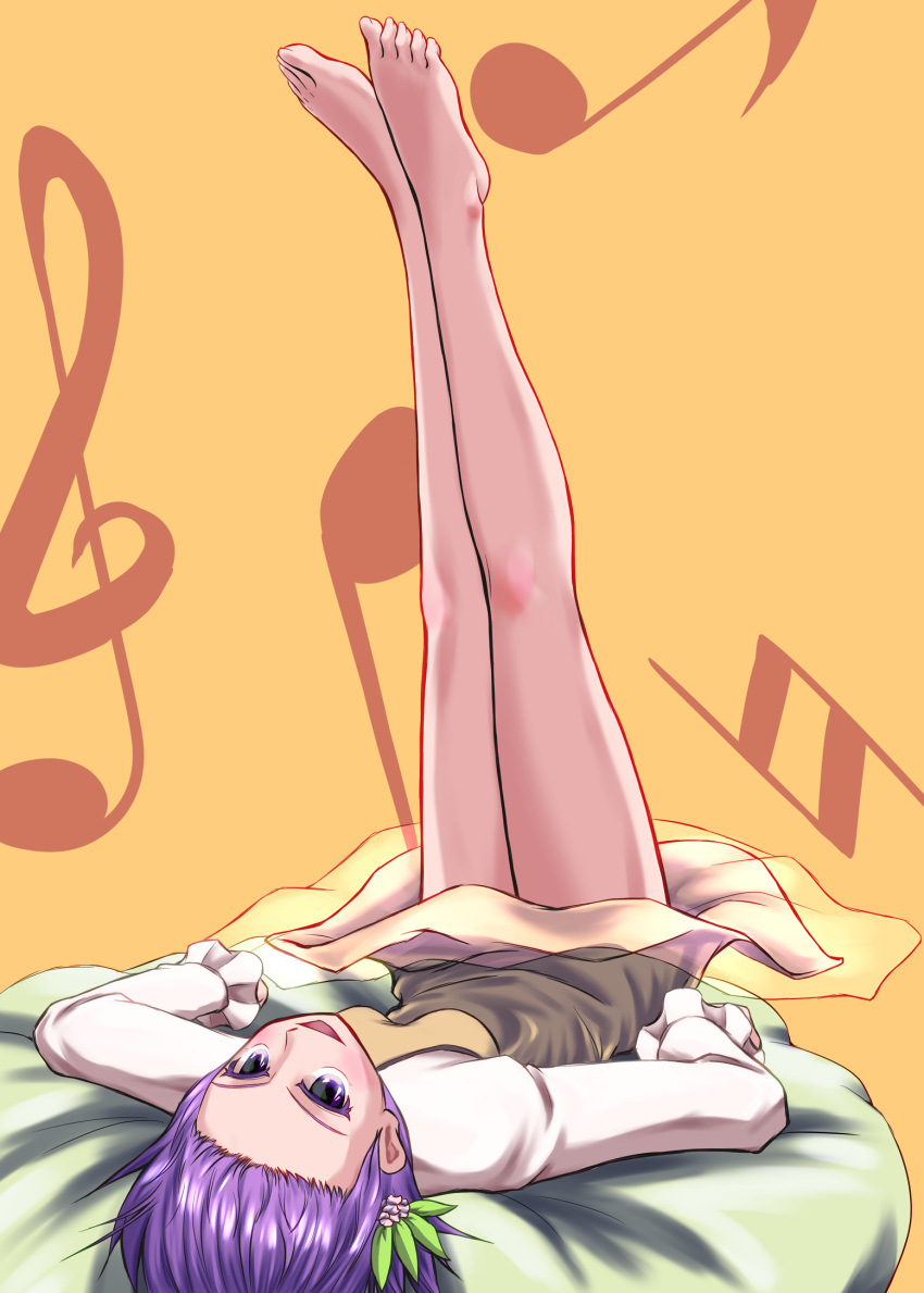 1girl bare_legs barefoot bean_bag_chair blush breasts dress eighth_note feet feet_up flower forehead frilled_sleeves frills full_body hair_flower hair_ornament highres legs legs_up long_sleeves looking_at_viewer lying musical_note nakamura_append on_back open_mouth purple_hair shirt short_dress simple_background small_breasts smile solo toes touhou treble_clef tsukumo_benben upside-down violet_eyes white_shirt yellow_background yellow_dress