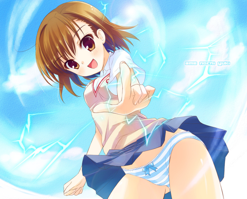 1girl ametoyuki biribiri bow bow_panties brown_eyes brown_hair misaka_mikoto panties pantyshot smile solo striped striped_panties to_aru_kagaku_no_railgun to_aru_majutsu_no_index underwear