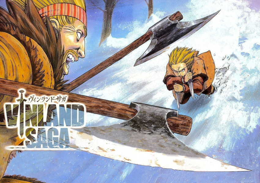 armor axe battle duel knife male manga official_art snow thorfinn thorkell viking vinland_saga war winter