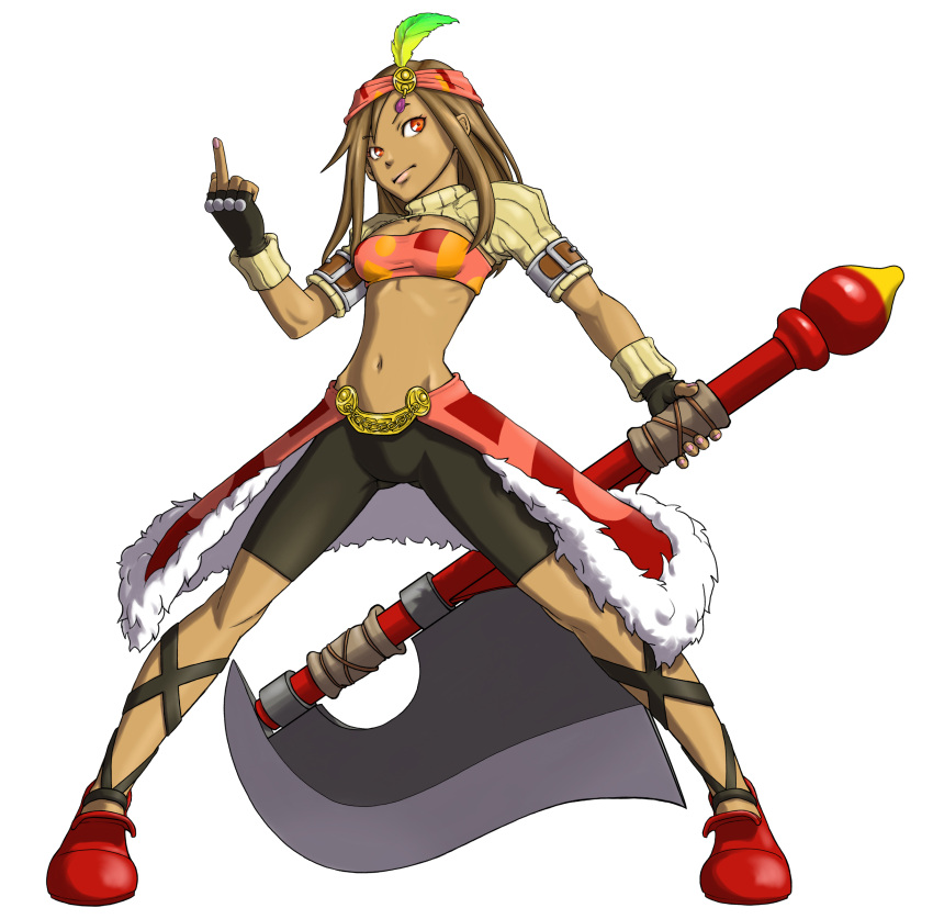 axe bike_shorts brown_hair dark_skin final_fantasy final_fantasy_ix fingerless_gloves gambon gloves lani middle_finger orange_eyes polearm shoes short_hair tubetop